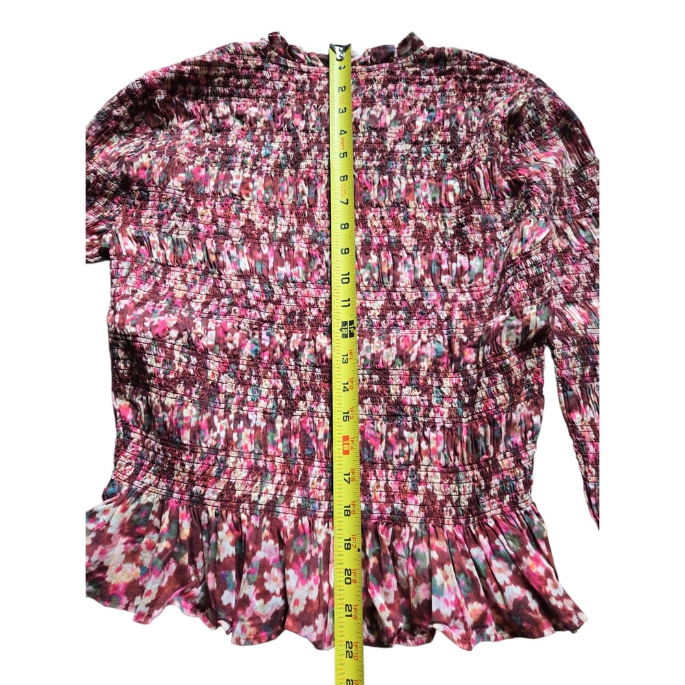 Merlette Smocked Peplum Top Burgundy Pink Abstract Floral Mock Neck Blouse - Picture 9 of 10